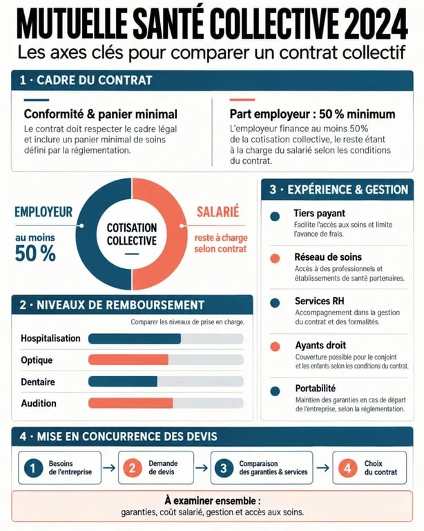 Infographie du comparatif mutuelle santé collective 2024 : garanties, coût employeur-salarié et critères de choix