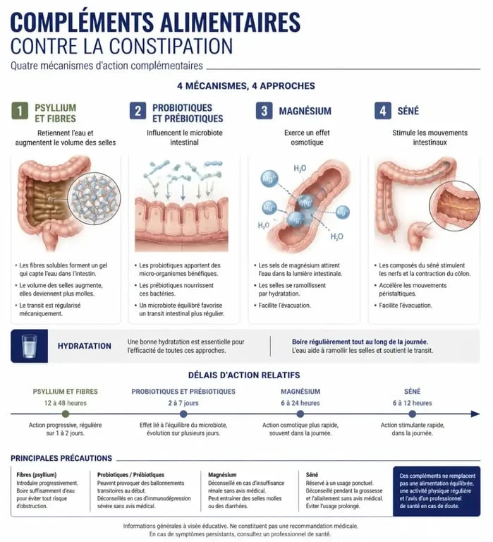 Complément alimentaire contre la constipation : mécanismes du psyllium, des fibres, des probiotiques, du magnésium et du séné