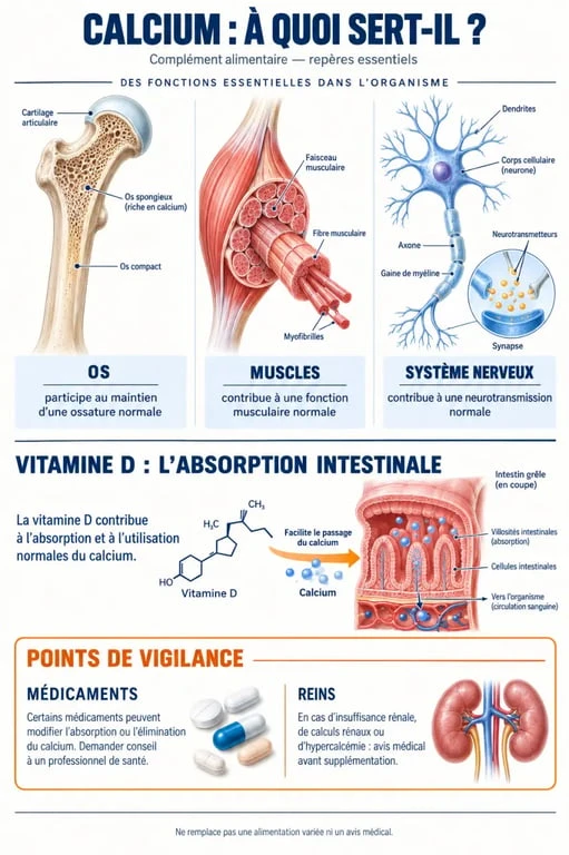 Complément alimentaire calcium : rôle du calcium, absorption avec la vitamine D et principales précautions