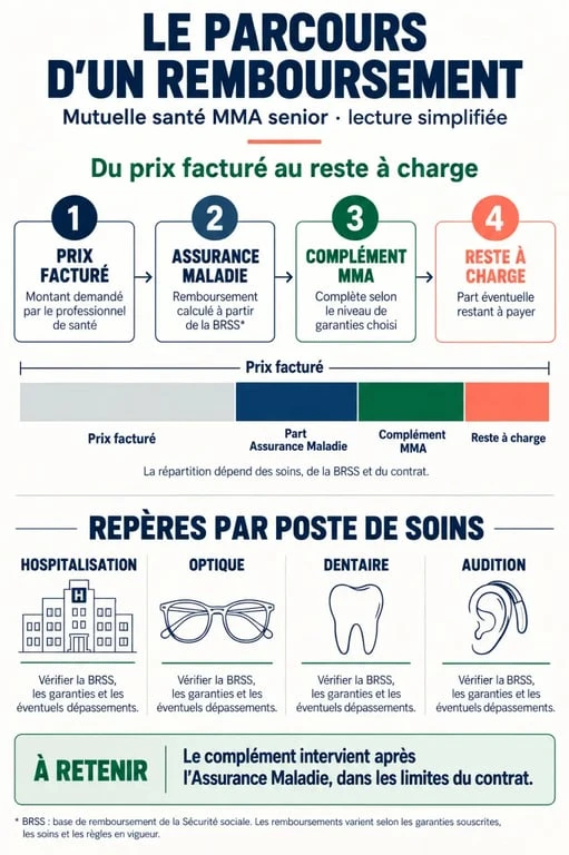 Infographie sur le remboursement d’une mutuelle santé MMA senior et le reste à charge