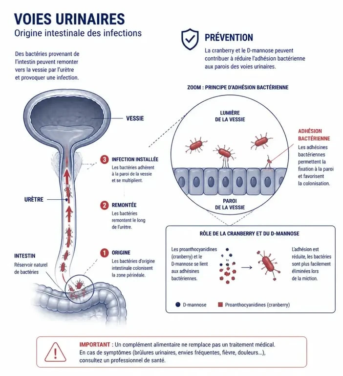 Complément alimentaire infection urinaire : schéma du système urinaire et du mécanisme d’adhésion bactérienne