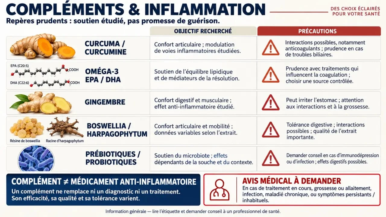 Infographie sur les compléments alimentaires anti inflammatoires, leurs actifs et leurs précautions