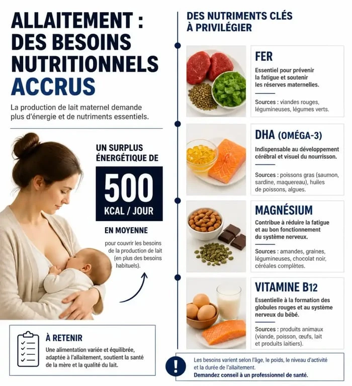Infographie des besoins nutritionnels et compléments alimentaires pour l'allaitement