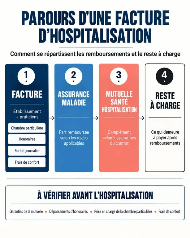 Infographie sur le remboursement d'une mutuelle santé hospitalisation et le reste à charge