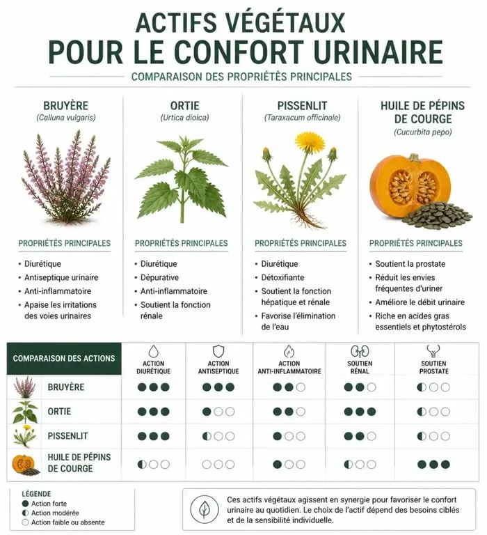 Tableau comparatif des actifs végétaux dans les compléments alimentaires confort urinaire