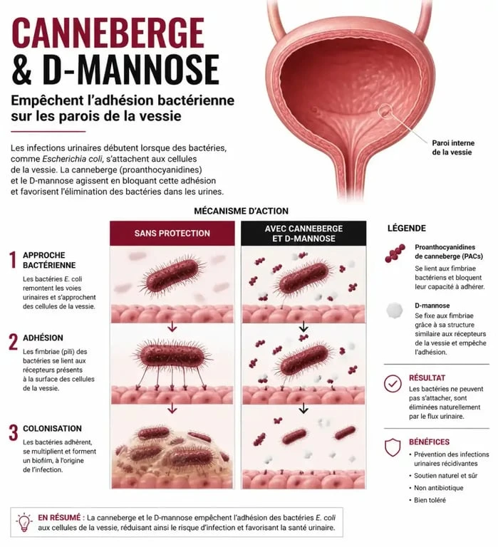 Schéma explicatif du mécanisme d'action des compléments alimentaires pour le confort urinaire