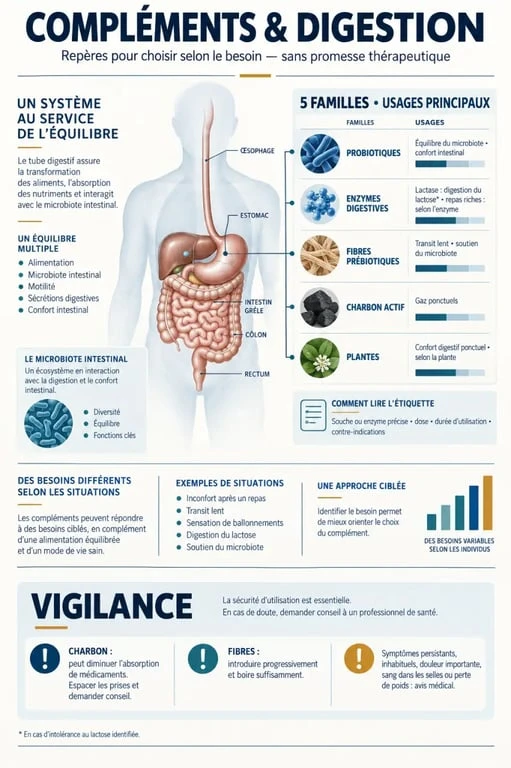 Infographie sur les familles de complément alimentaire digestion et leurs usages