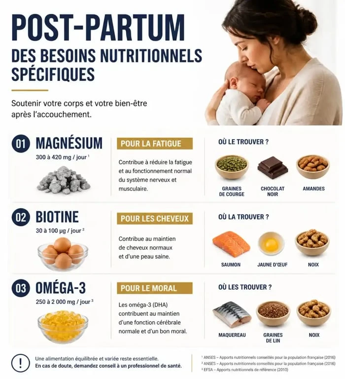 Infographie sur les besoins en compléments alimentaires post-partum pour la fatigue et la chute de cheveux