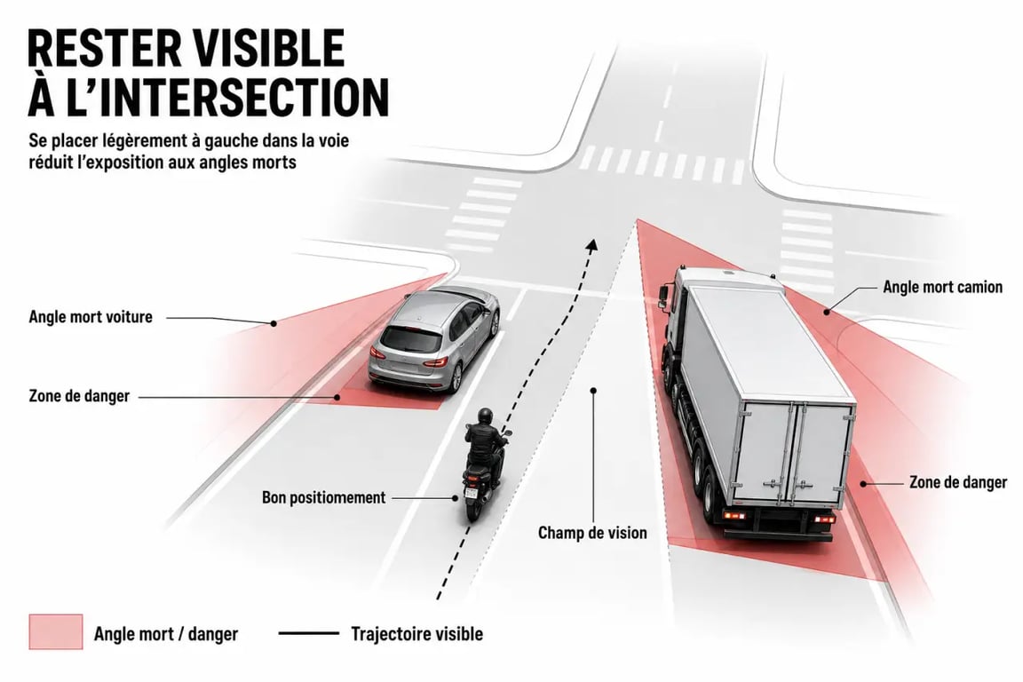 Prévenir les risques de traumatismes liés aux accidents de deux-roues : schéma des angles morts et du bon positionnement en intersection