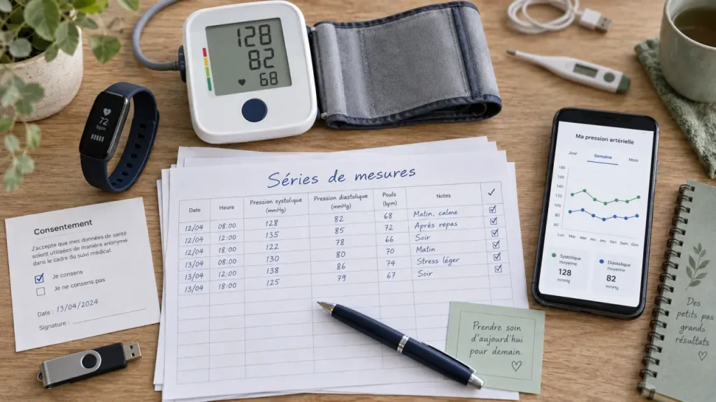 Objets connectés santé : bracelet et tensiomètre, série de mesures