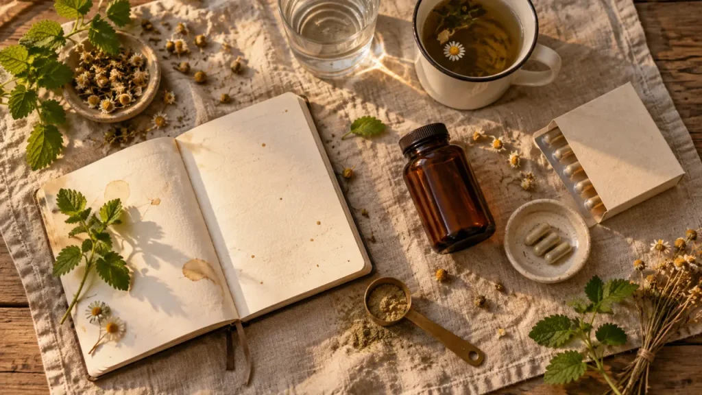 Complément alimentaire anxiété : flacon et plantes apaisantes pour les symptômes
