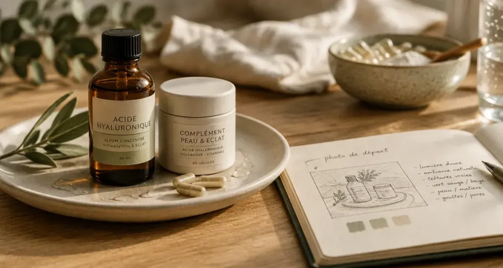 Complément alimentaire beauté : flacon et pilulier