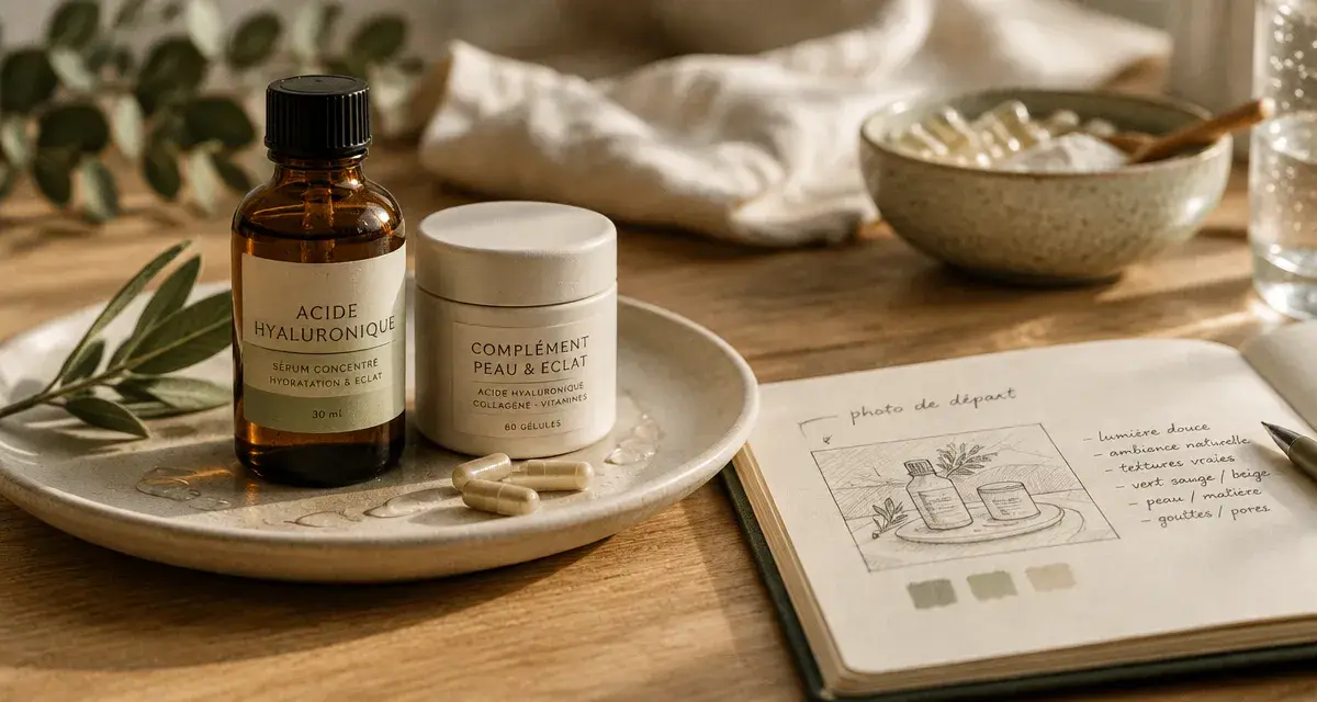 Complément alimentaire beauté : flacon et pilulier