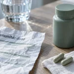 Complément alimentaire immunité : flacon et gélules avec étiquette nutritionnelle