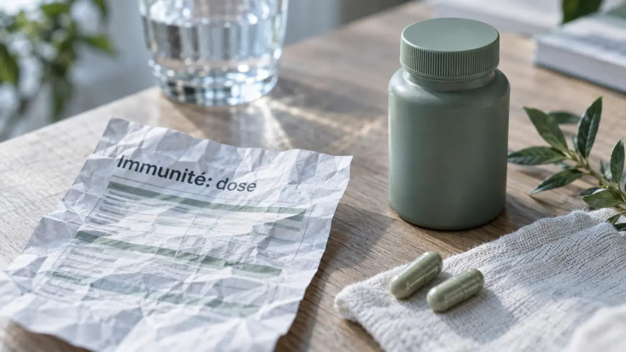 Complément alimentaire immunité : flacon et gélules avec étiquette nutritionnelle