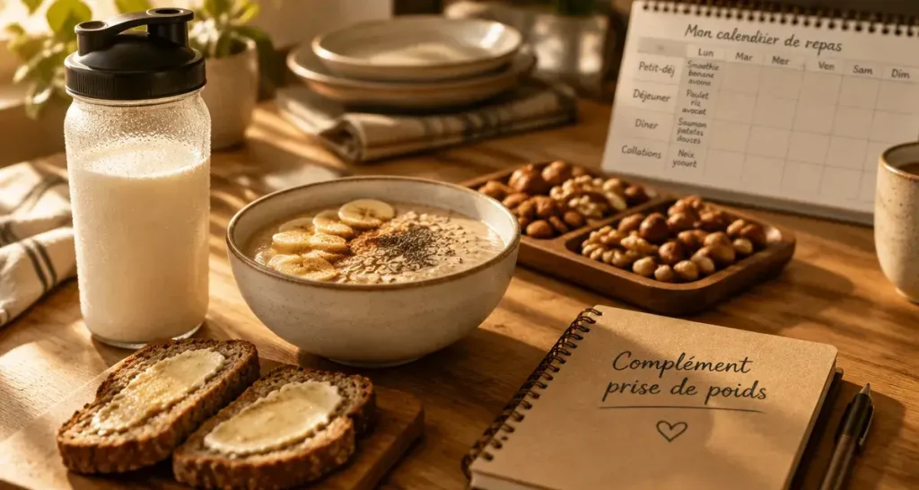 Complément alimentaire prise de poids : shaker et smoothie sur table, repas en appoint
