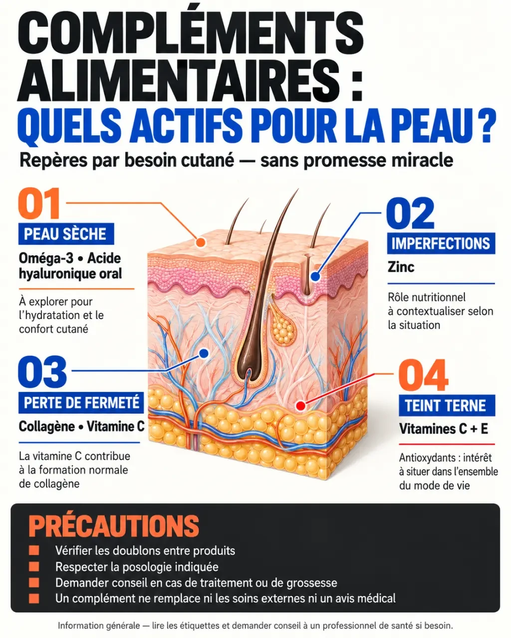 Infographie sur le complément alimentaire peau, les actifs selon le besoin cutané et les précautions