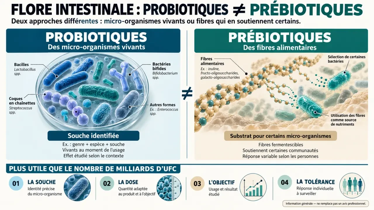 Complément alimentaire flore intestinale : différence entre probiotiques, prébiotiques, souche et dose